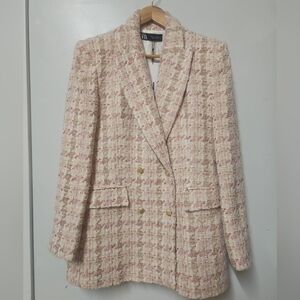 Zara Double Breasted Tweed Blazer Jacket Houndstooth  Siz LGold Buttons Two Fr